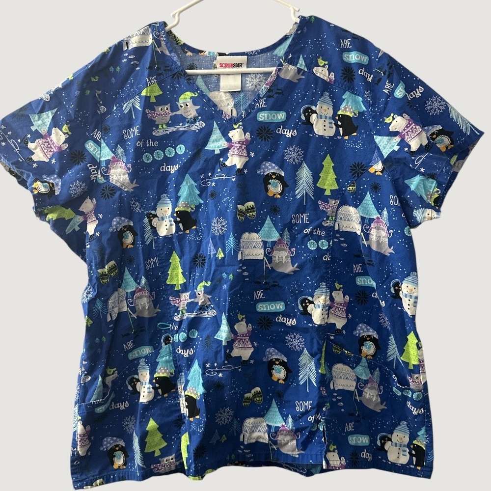 Scrubstar Winter Scrub Top Polar Bear Penguin Snowman Blue Womens Plus Size 2X